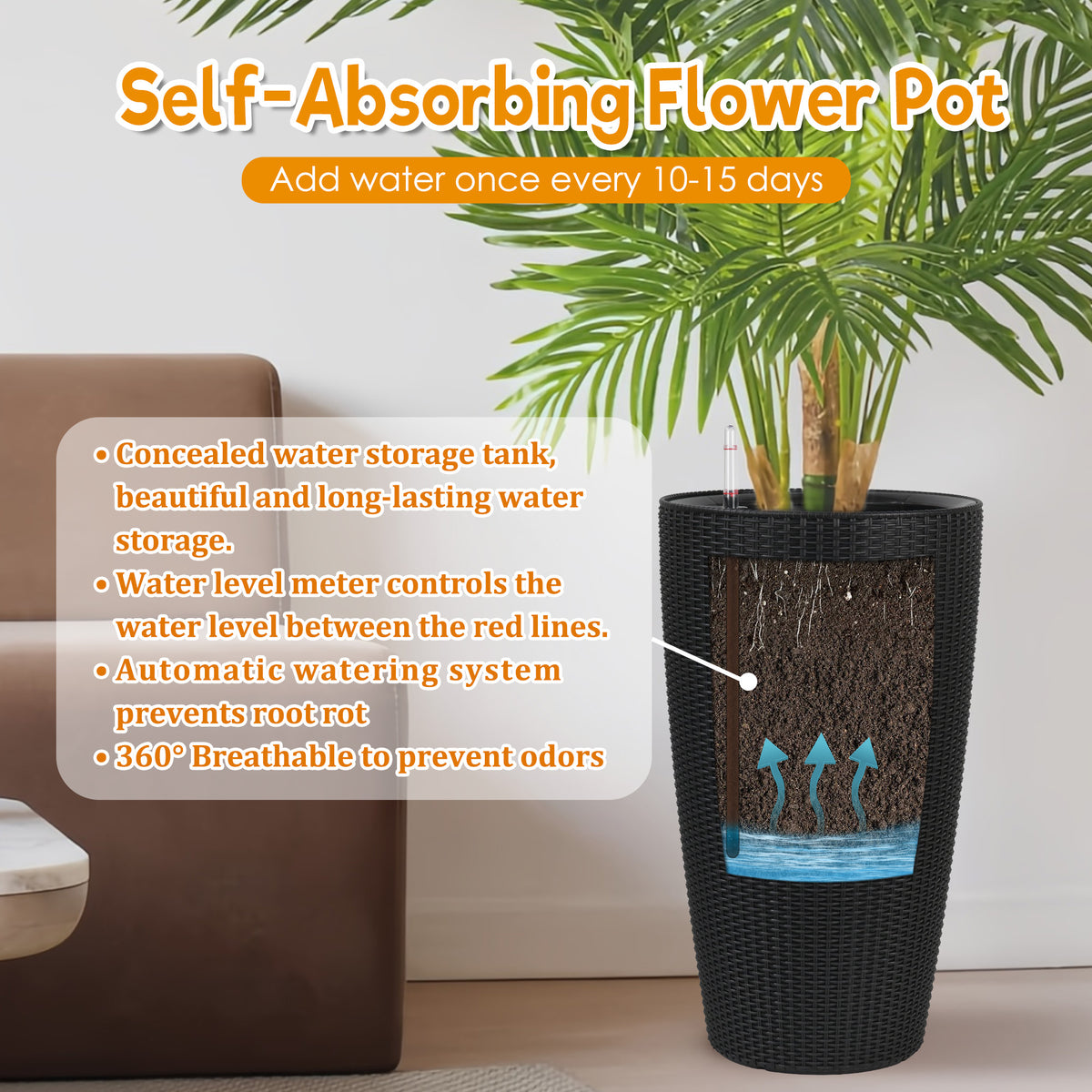 Self-Watering Tall Planters Set of 2, Black Faux Rattan 22 Inch Indoor Outdoor Flower Pots With Water Level Indicator