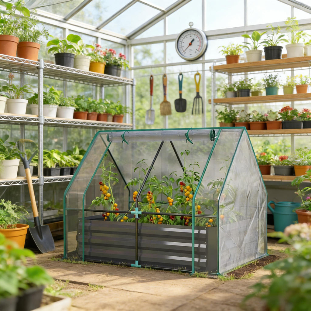 2-in-1 Raised Garden Bed With Mini Greenhouse Cover, Galvanized Steel Planter, 50 x 37.4 x 36.2 Inches, Clear and Dark Gray