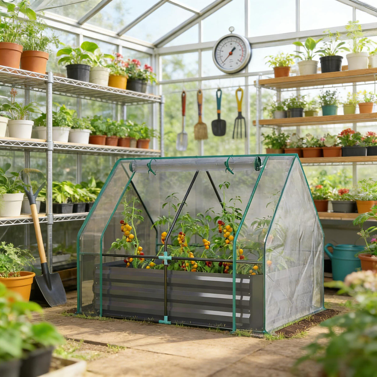 2-in-1 Raised Garden Bed With Mini Greenhouse Cover, Galvanized Steel Planter, 50 x 37.4 x 36.2 Inches, Clear and Dark Gray