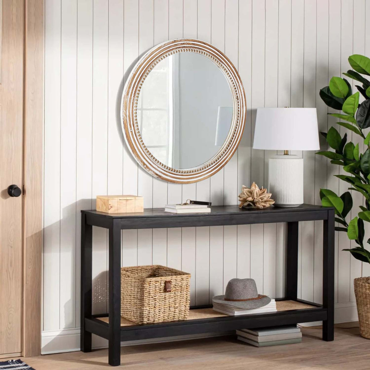 Rustic Round Wall Mirror, 23.62 Inch Beaded Wood Farmhouse Circle Mirror, Antique Natural