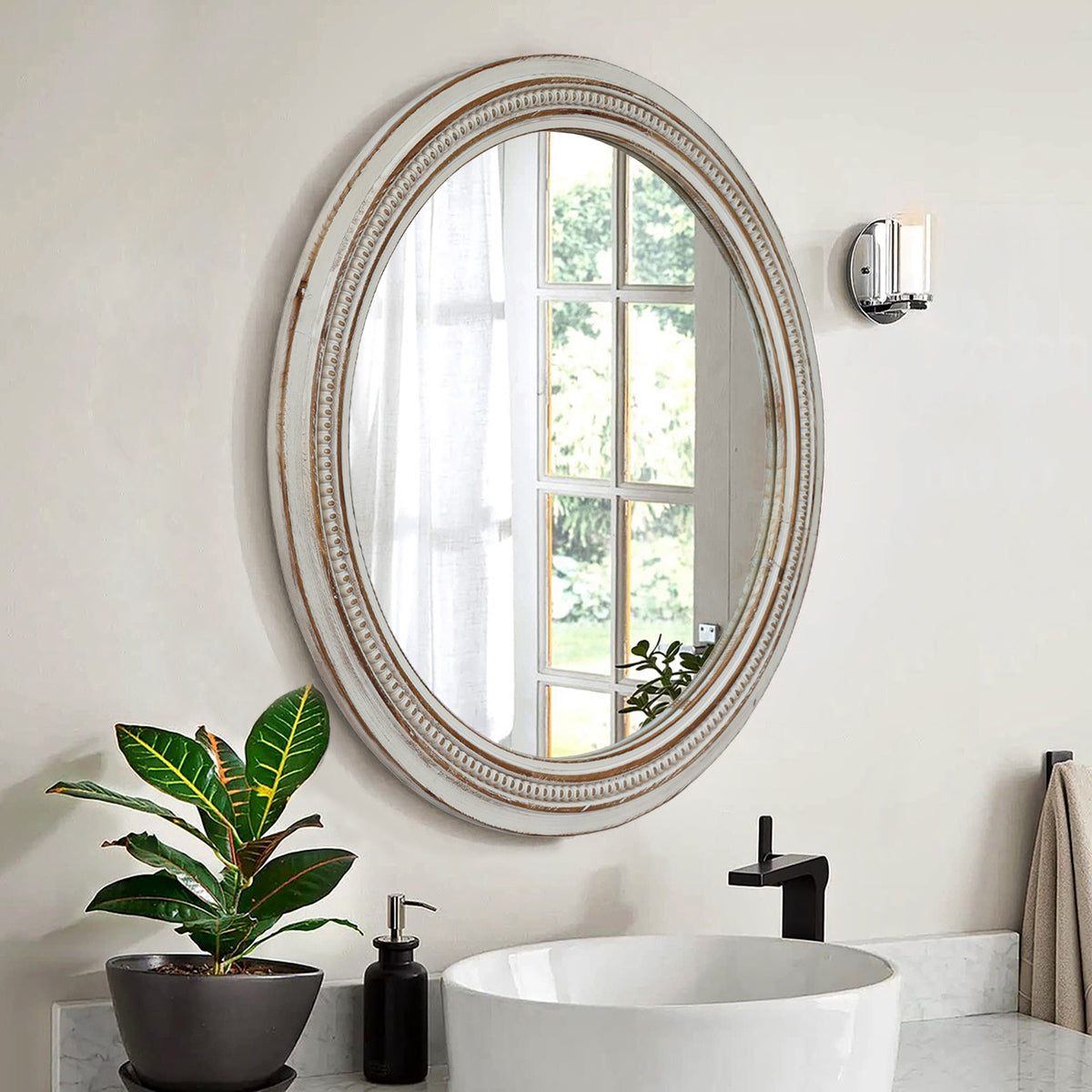 Vintage Round Wall Mirror, 23.62" Distressed White Beaded Frame Mirror for Bathroom, Living Room and Entryway