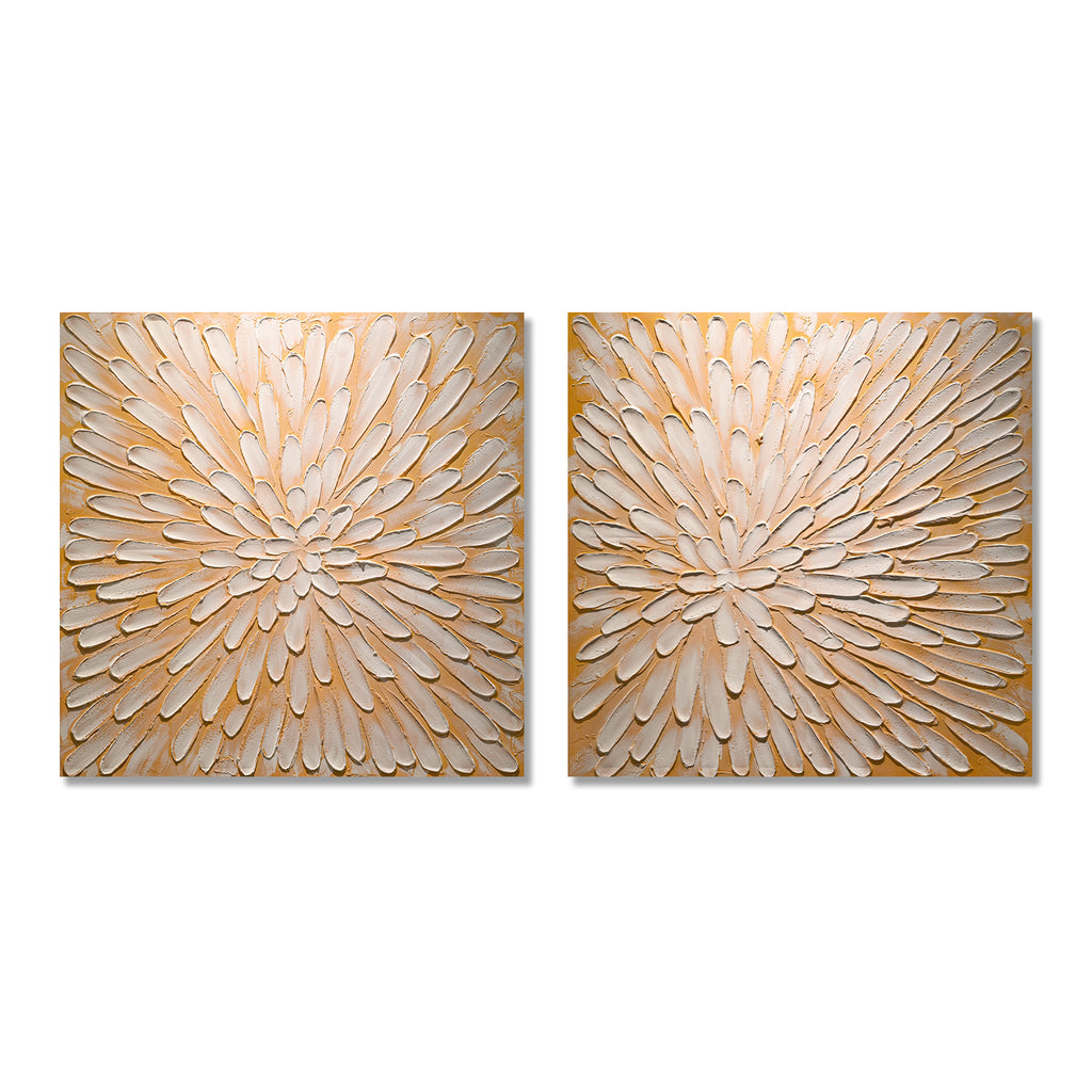 Textured Floral Canvas Wall Art, Set of 2, 32x32 in Antique White and Gold Hand-Painted Impasto Flower Paintings