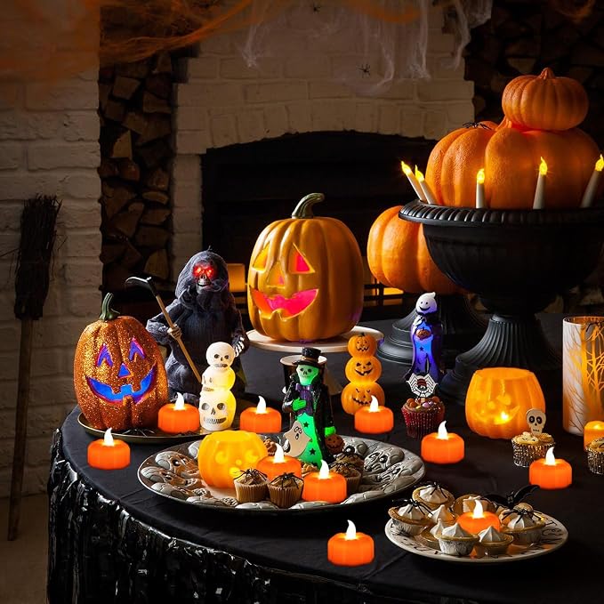 Pumpkin LED Tea Lights, 12 Pack Flameless Flickering Candles for Halloween, Fall and Thanksgiving Decor, Orange
