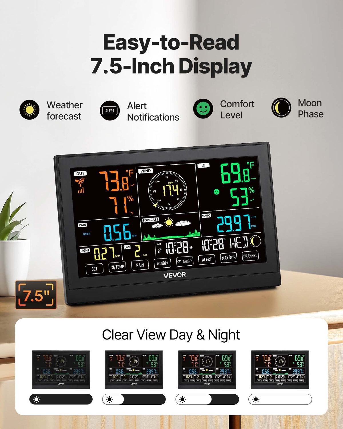 7-in-1 Wireless Weather Station With 7.5 In Color Display and Outdoor Sensor, White