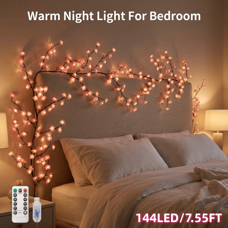 Cherry Blossom Vine Lights, LED Tree Branch Wall Lights With Remote and 8 Modes, Pink Blossom Garland for Bedroom Decor