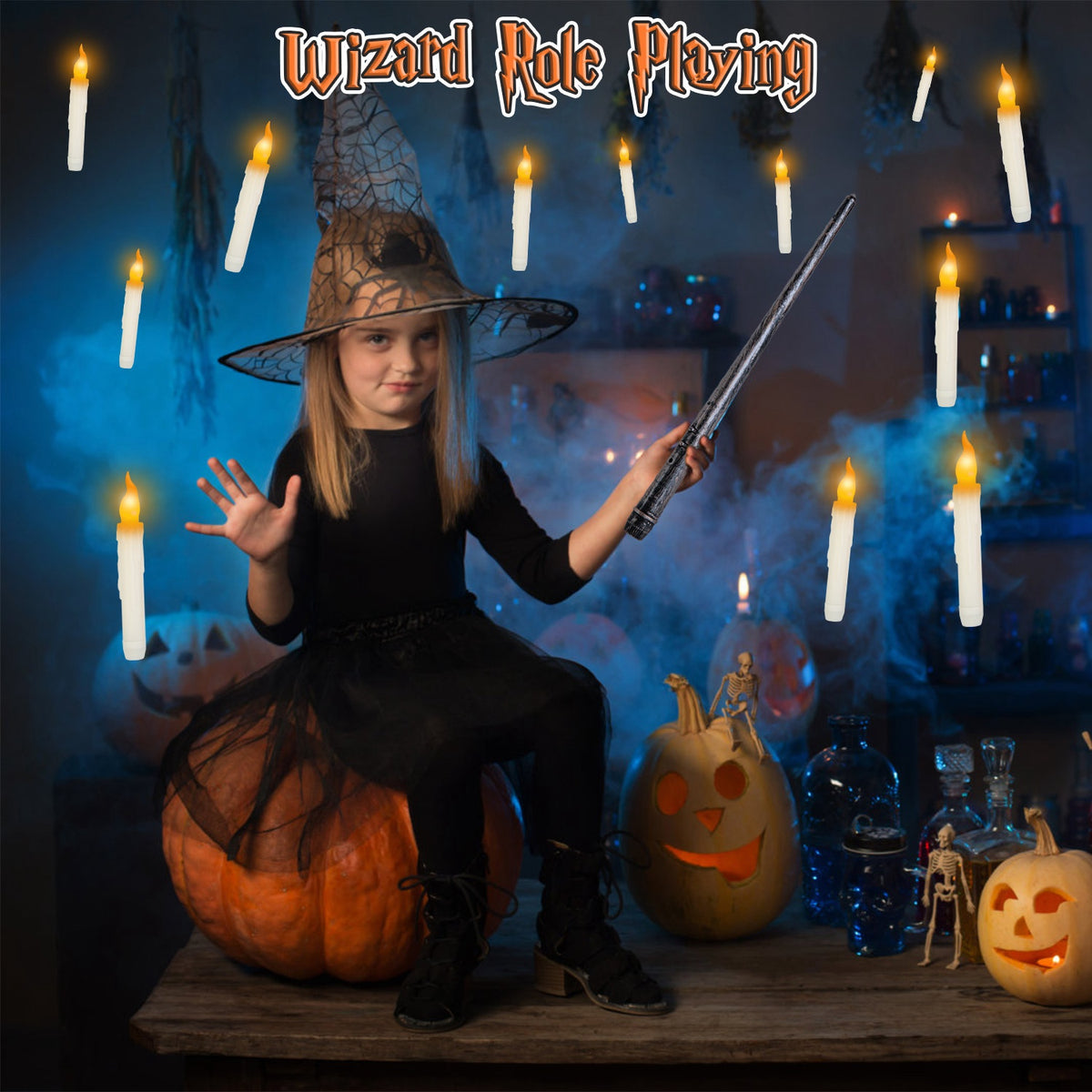 Floating LED Candles With Magic Wand Remote, 12 Pack Flameless Flickering Taper Candles With Hooks and Hanging Wire