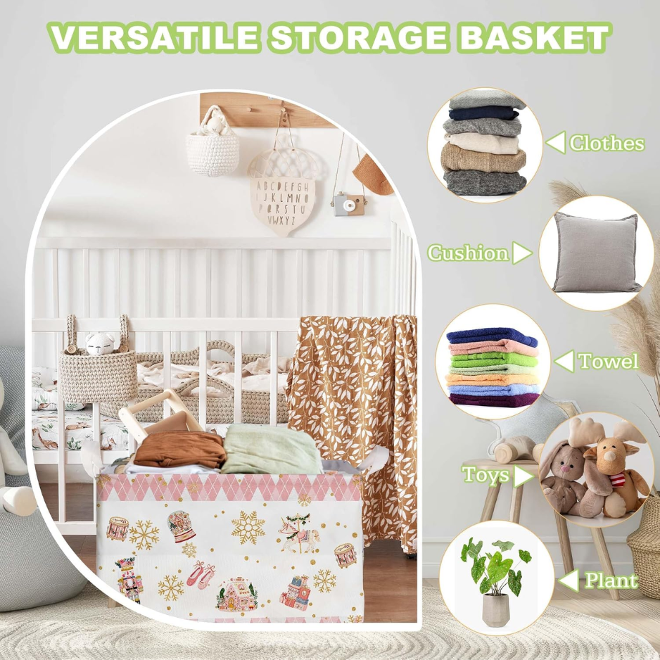 Christmas Nutcracker Storage Basket, Pink Foldable Fabric Bin With Handles, 15 x 10 x 8.6 In Large Square Laundry Hamper