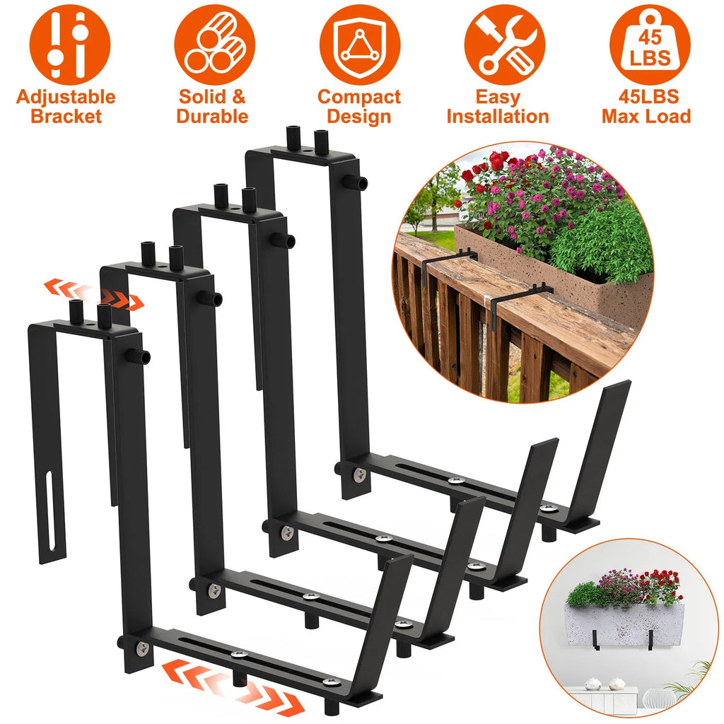 Adjustable Planter Box Brackets, Set of 4 Black Iron Railing Hangers for Window Boxes, Deck and Balcony Rails, Holds 45 lbs