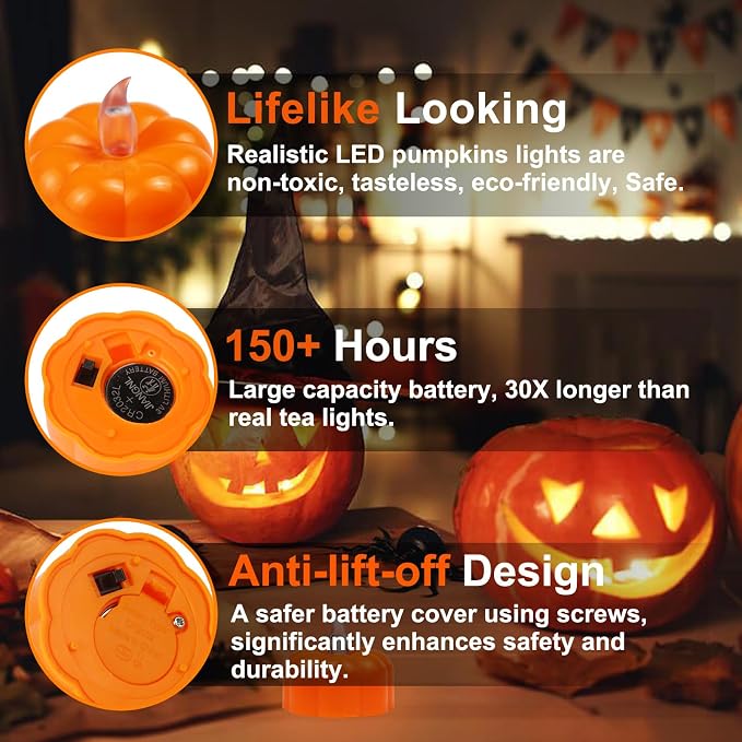 Pumpkin LED Tea Lights, 12 Pack Flameless Flickering Candles for Halloween, Fall and Thanksgiving Decor, Orange