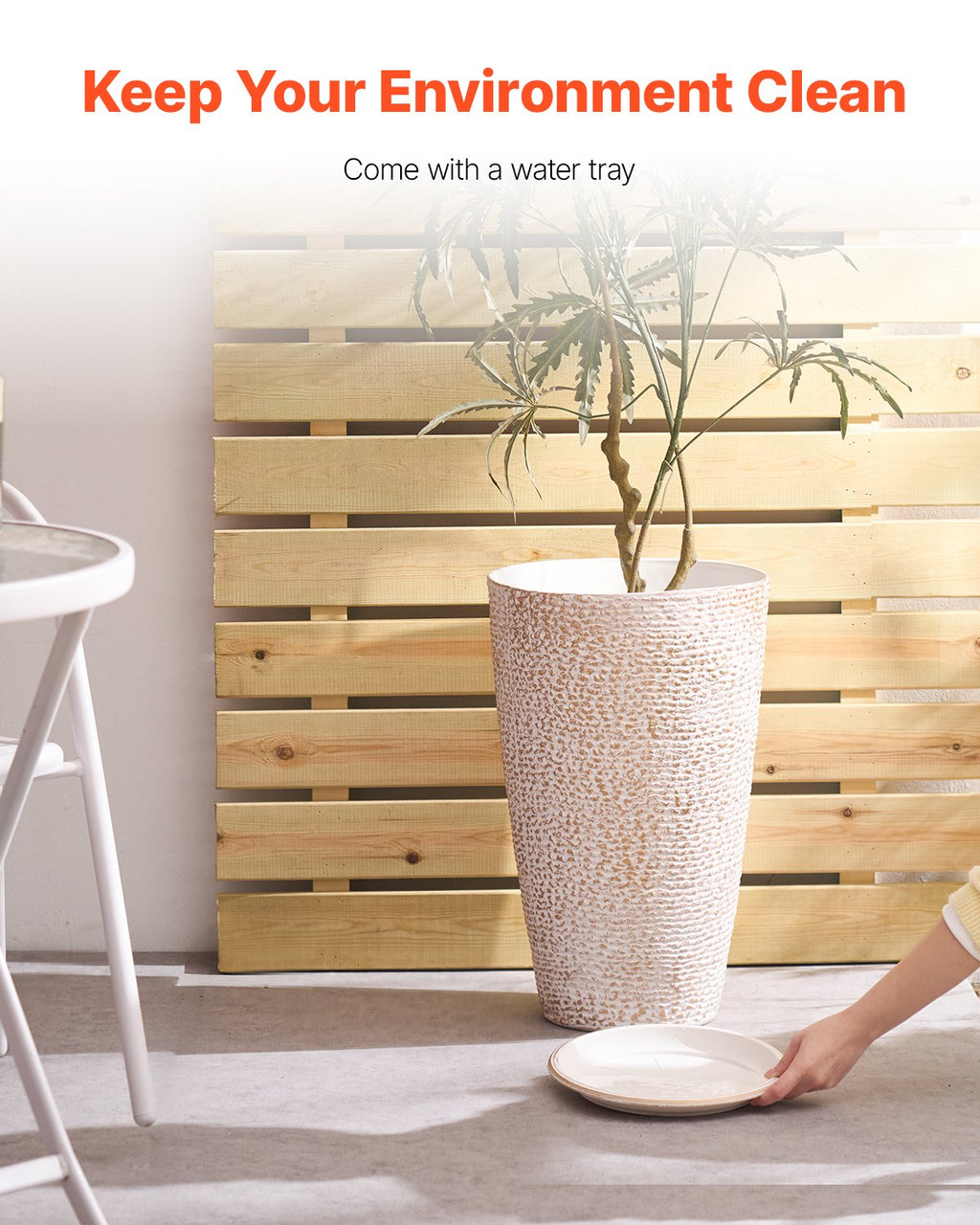 Set of 2 Tall Outdoor Planters, 21" Round Beige Stone Finish Plant Pots With Drainage and Water Trays for Porch and Patio