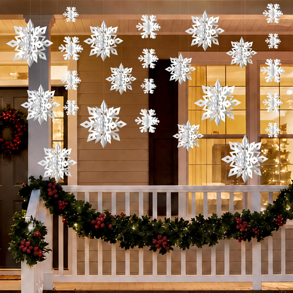 3D Paper Snowflake Hanging Decorations, 14-Piece White Christmas Set With 12 Snowflakes and 2 Garlands