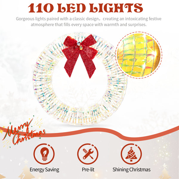 24 in Pre-Lit Christmas Wreath, Iridescent Metal Frame With Red Bow and 84 Warm White LED Lights, Indoor Outdoor Door Decor