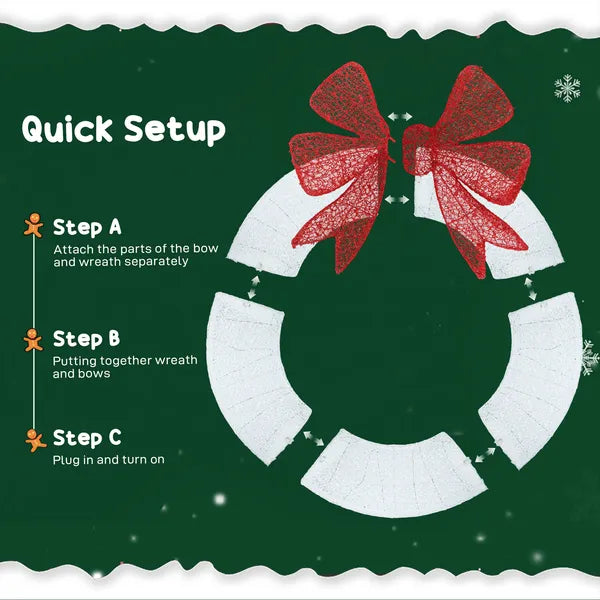 60" Lighted Christmas Wreath With Red Bow, 278 LED Color-Changing Outdoor Holiday Decoration With Remote