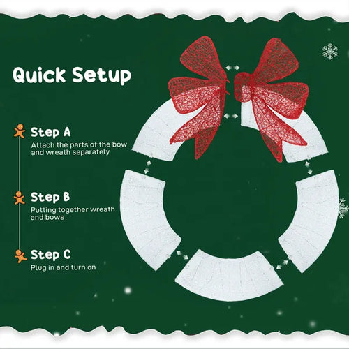 60" Lighted Christmas Wreath With Red Bow, 278 LED Color-Changing Outdoor Holiday Decoration With Remote