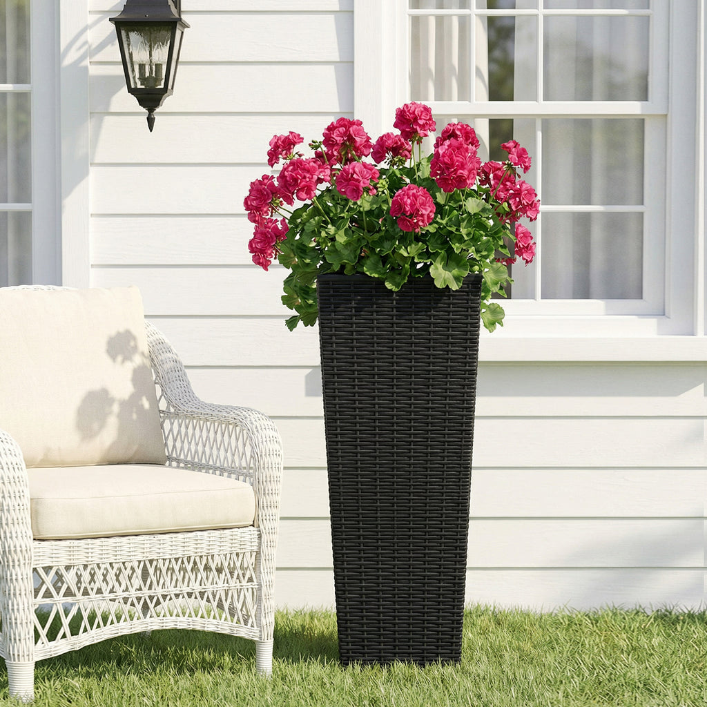Tall Planters Set of 2, 32 Inch Black Resin Rattan Texture Outdoor Plant Pots with Removable Inner Pots and Drainage Holes