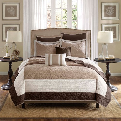 7 Piece Reversible Quilt Set With Euro Shams and Throw Pillows, Beige Full/Queen, Medallion Quilted Bedding