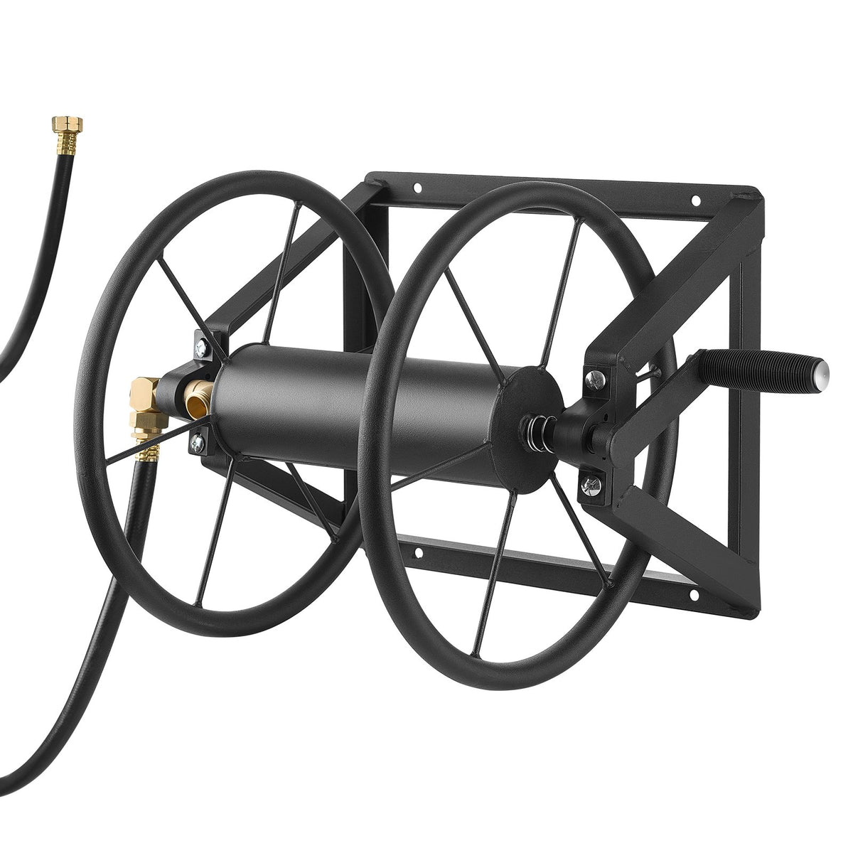 Wall Mounted Garden Hose Reel, Black Metal Manual Hose Winder With Brass Fitting, Holds Up to 200 ft