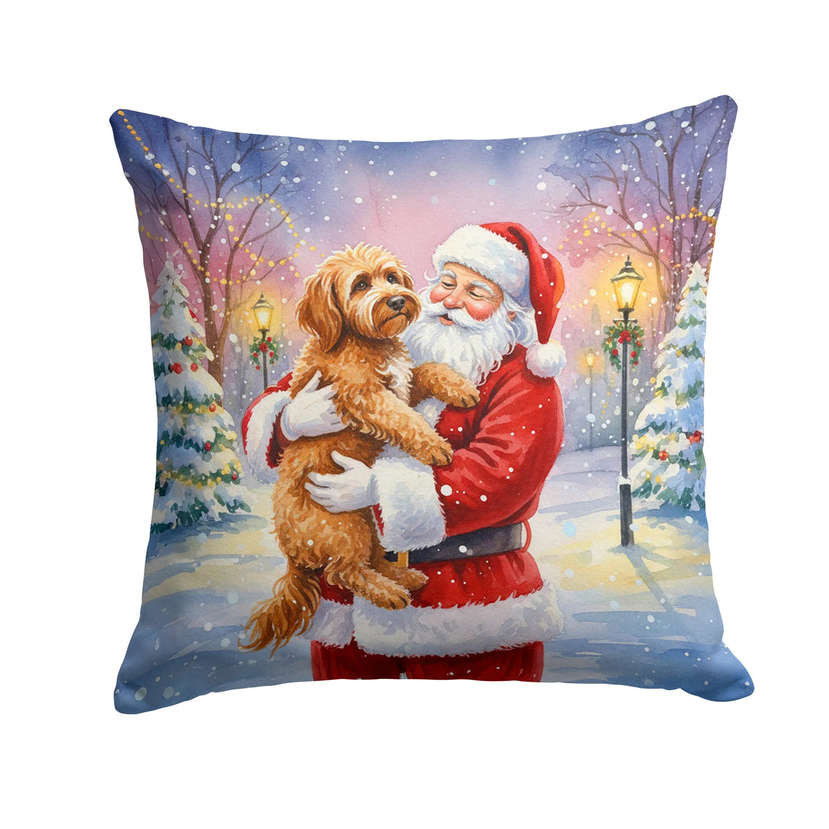 Labradoodle With Santa Throw Pillow, 14x14 Water-Resistant Indoor Outdoor Christmas Accent Cushion for Couch or Patio