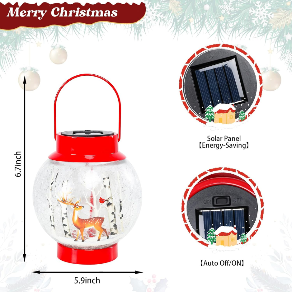 Christmas Solar Lantern With Deer and Birch Tree Scene, Red Metal and Crackle Glass Hanging Outdoor Light