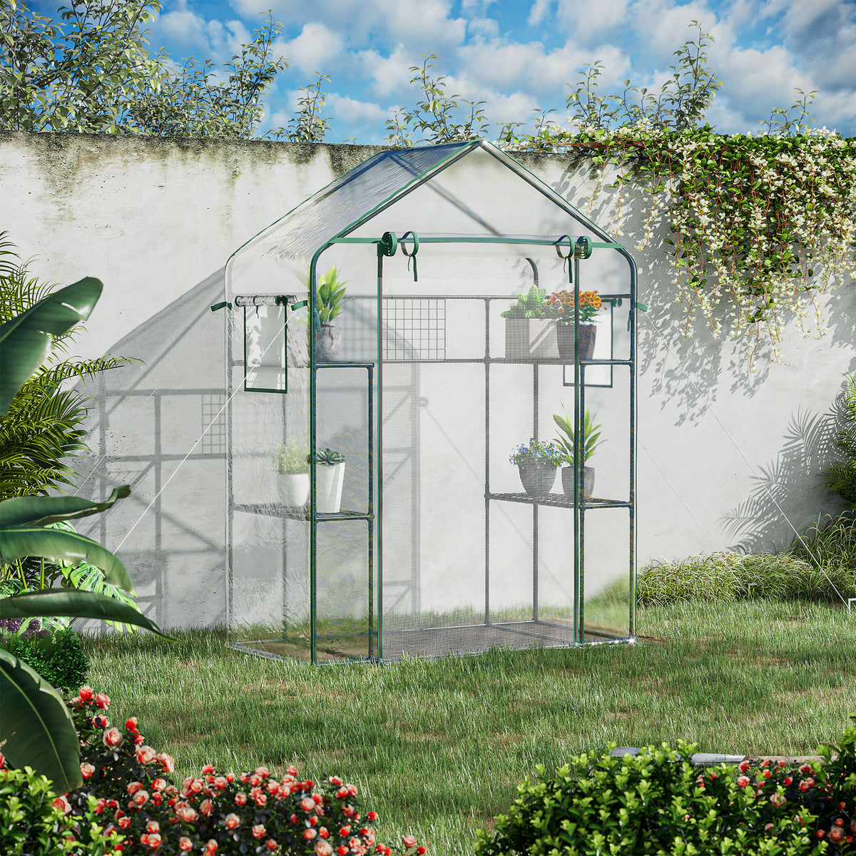 Walk-In Mini Greenhouse, 56" Clear Portable Garden Green House with 6 Shelves, Trellis, Mesh Door and Windows