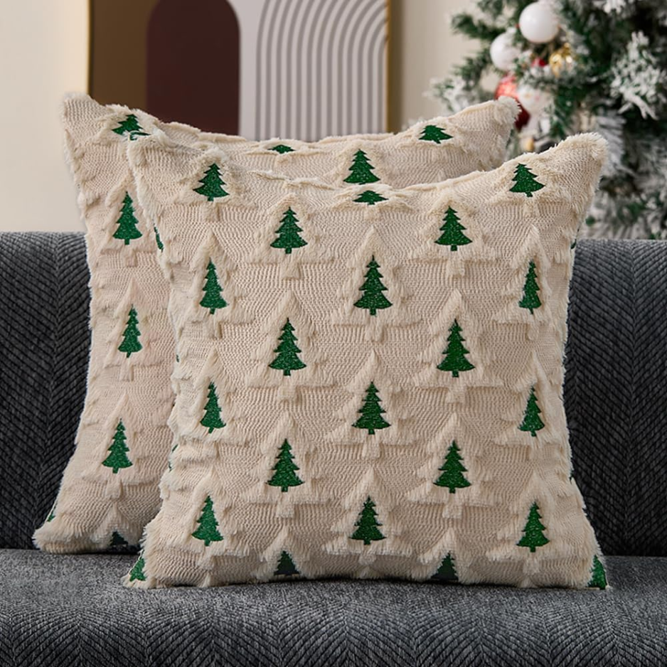 Christmas Tree Pillow Covers 18x18, Set of 2 Beige Plush Faux Fur Throw Pillow Cases with Hidden Zipper