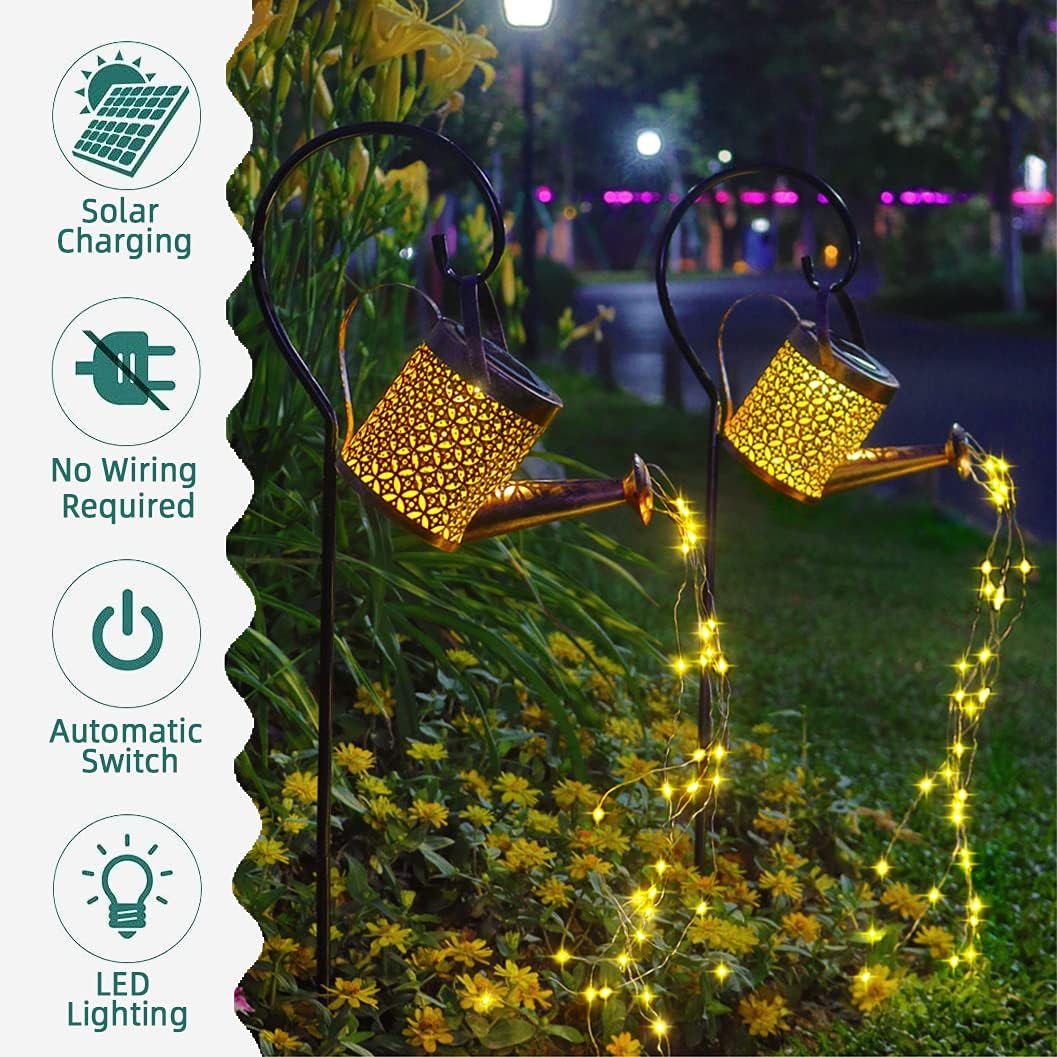 Solar Watering Can String Lights, 2 Pack Hanging Garden Lanterns With Shepherd Stakes, Warm White LED Outdoor Decor