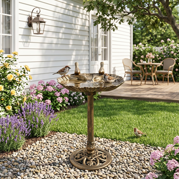 Antique Bronze Bird Bath With Solar Fountain, Resin Pedestal Birdbath With Shell Edge, 50x36x81 cm