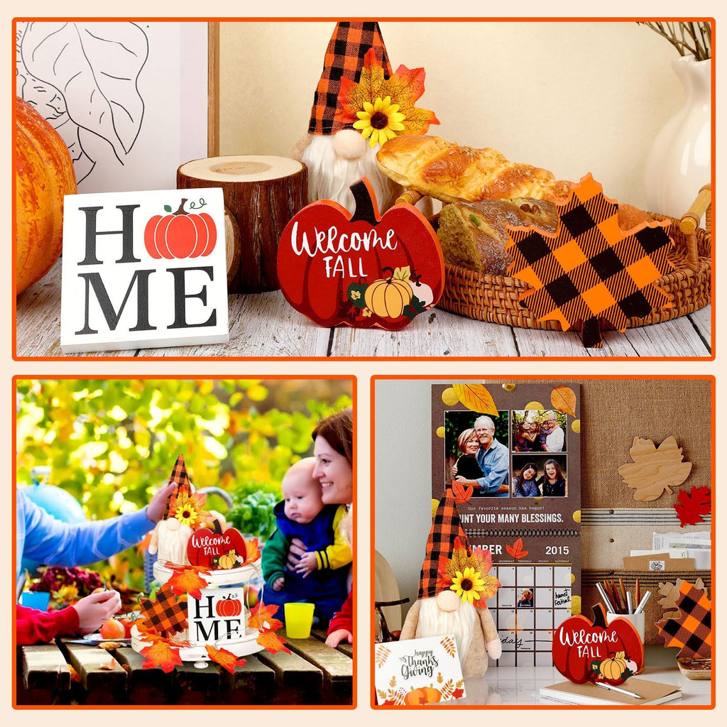 Fall Gnome Tiered Tray Decor Set, 5 Piece Wooden Pumpkin Signs, Maple Leaf String Lights and Greeting Cards