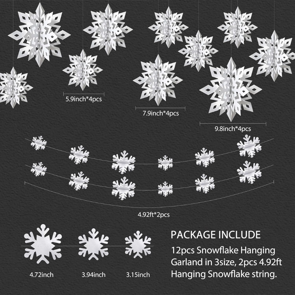 3D Paper Snowflake Hanging Decorations, 14-Piece White Christmas Set With 12 Snowflakes and 2 Garlands