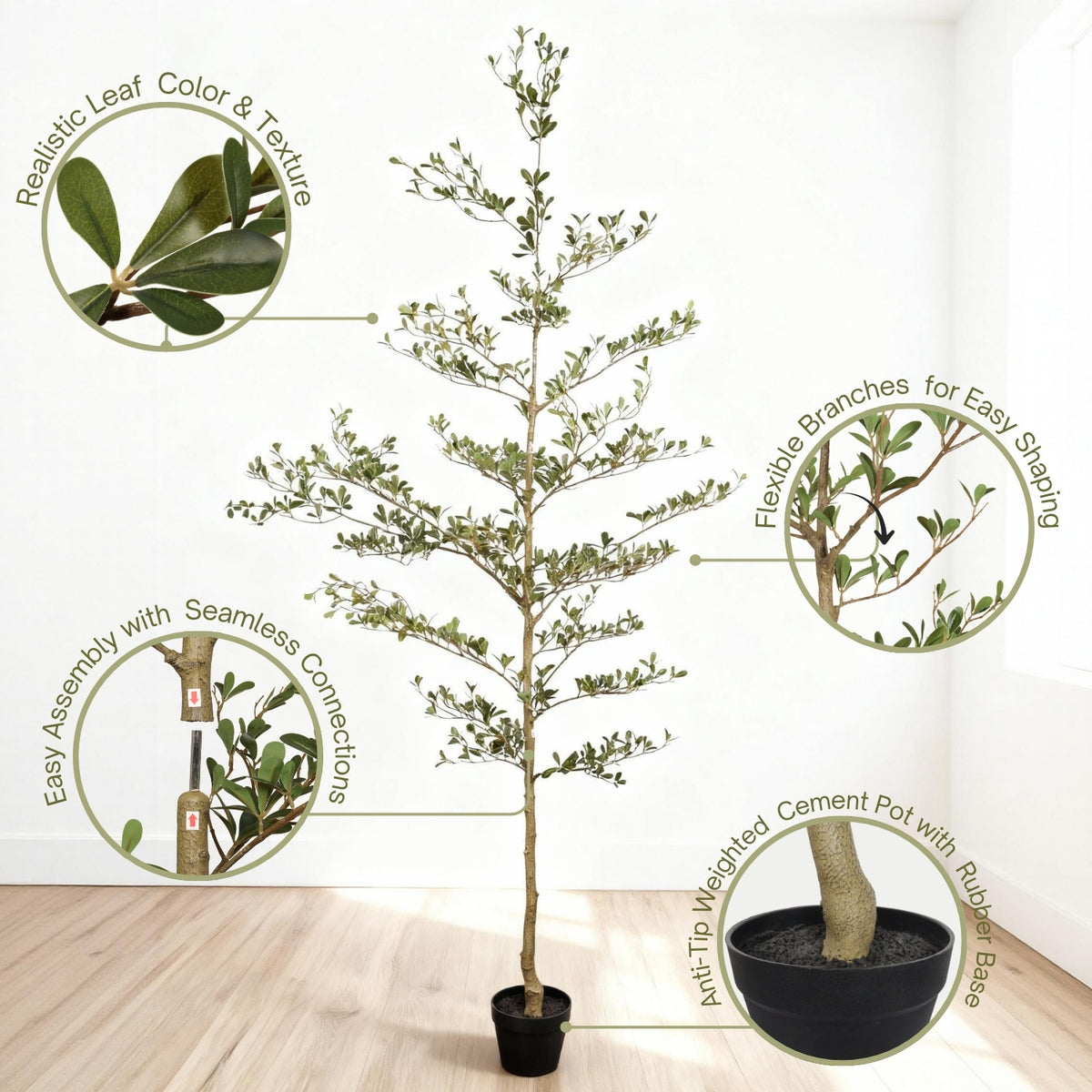 7 Ft Artificial Black Olive Tree with Black Pot, Realistic Tall Faux Plant for Living Room Corner Decor