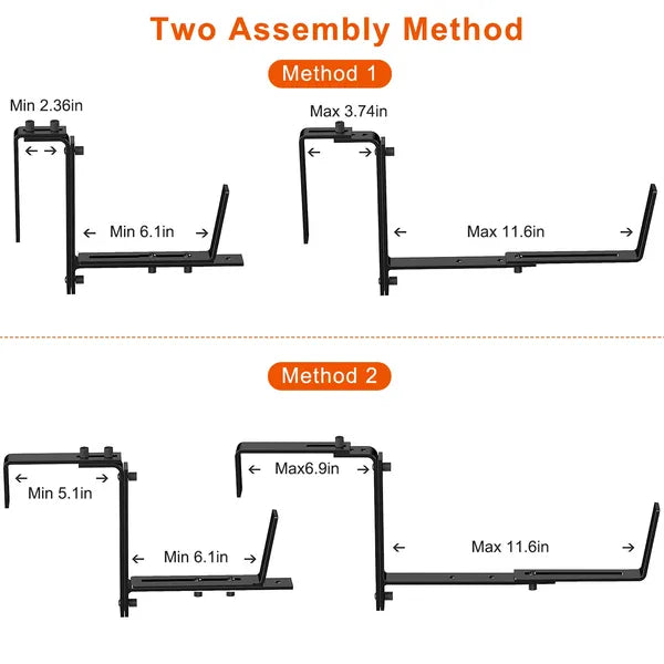 Adjustable Planter Box Brackets, Set of 4 Black Iron Flower Box Holders for Railings, Windowsills, Fences and Balconies