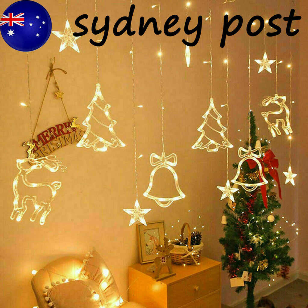 LED Christmas Curtain String Lights, Star Bell Tree and Reindeer Window Fairy Lights, Battery or USB Powered