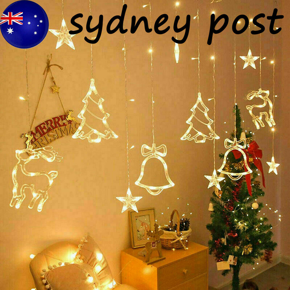 LED Christmas Curtain String Lights, Star Bell Tree and Reindeer Window Fairy Lights, Battery or USB Powered