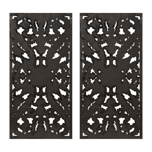 Distressed Carved Wood Wall Decor Set, 2 Piece Bronze Lotus Floral Panels, 15.75" x 31.5"