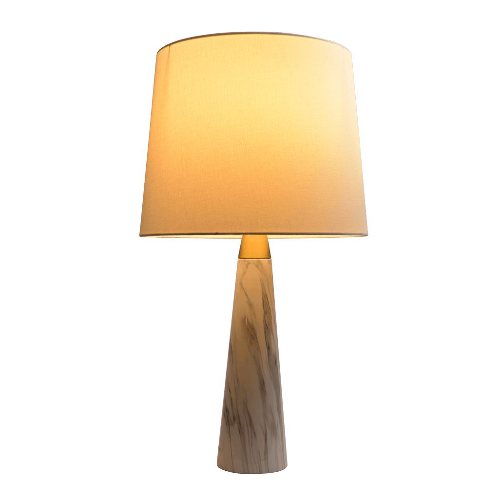 White Faux Marble Table Lamp With Fabric Shade, 25 in. Gold Accent Bedside Lamp