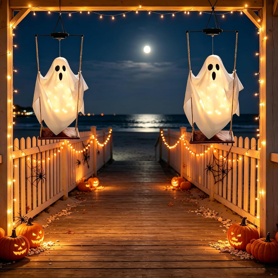 Solar Hanging Ghost Swing Halloween Decorations, 2 Pack Lighted Outdoor Ghost Decor With Warm White LED String Lights