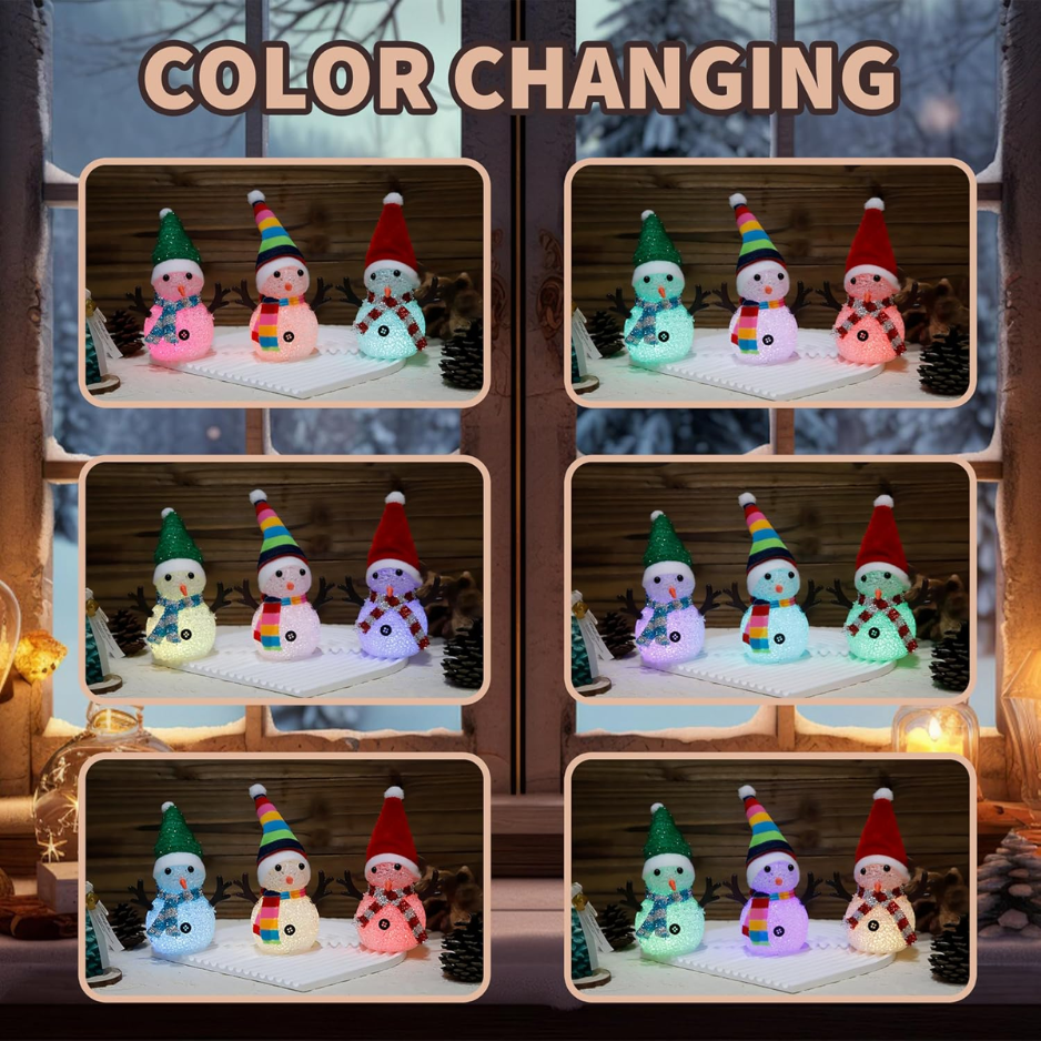 Light Up Snowman Figurines, Set of 3 Color Changing LED Christmas Decorations With Hats and Scarves
