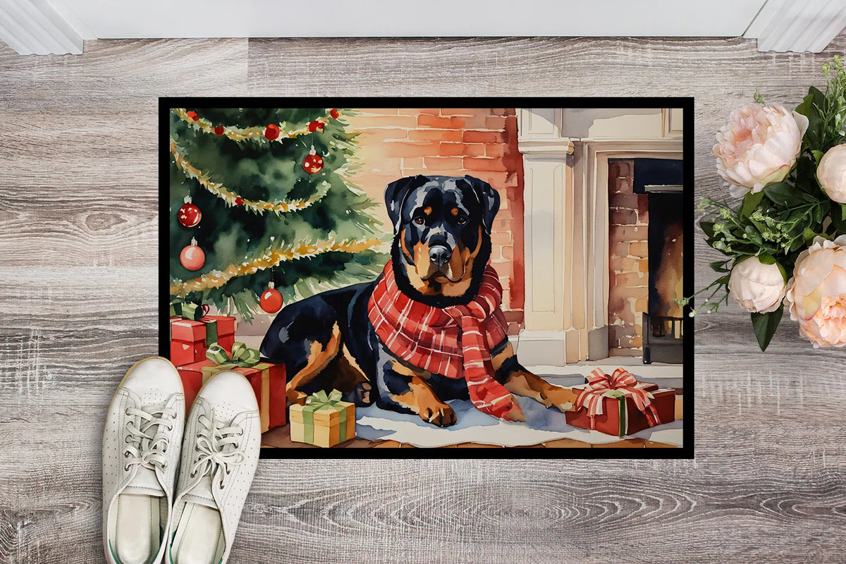 Rottweiler Christmas Doormat, 24 x 36 Inch Non Slip Indoor Outdoor Entryway Mat with Holiday Dog Artwork