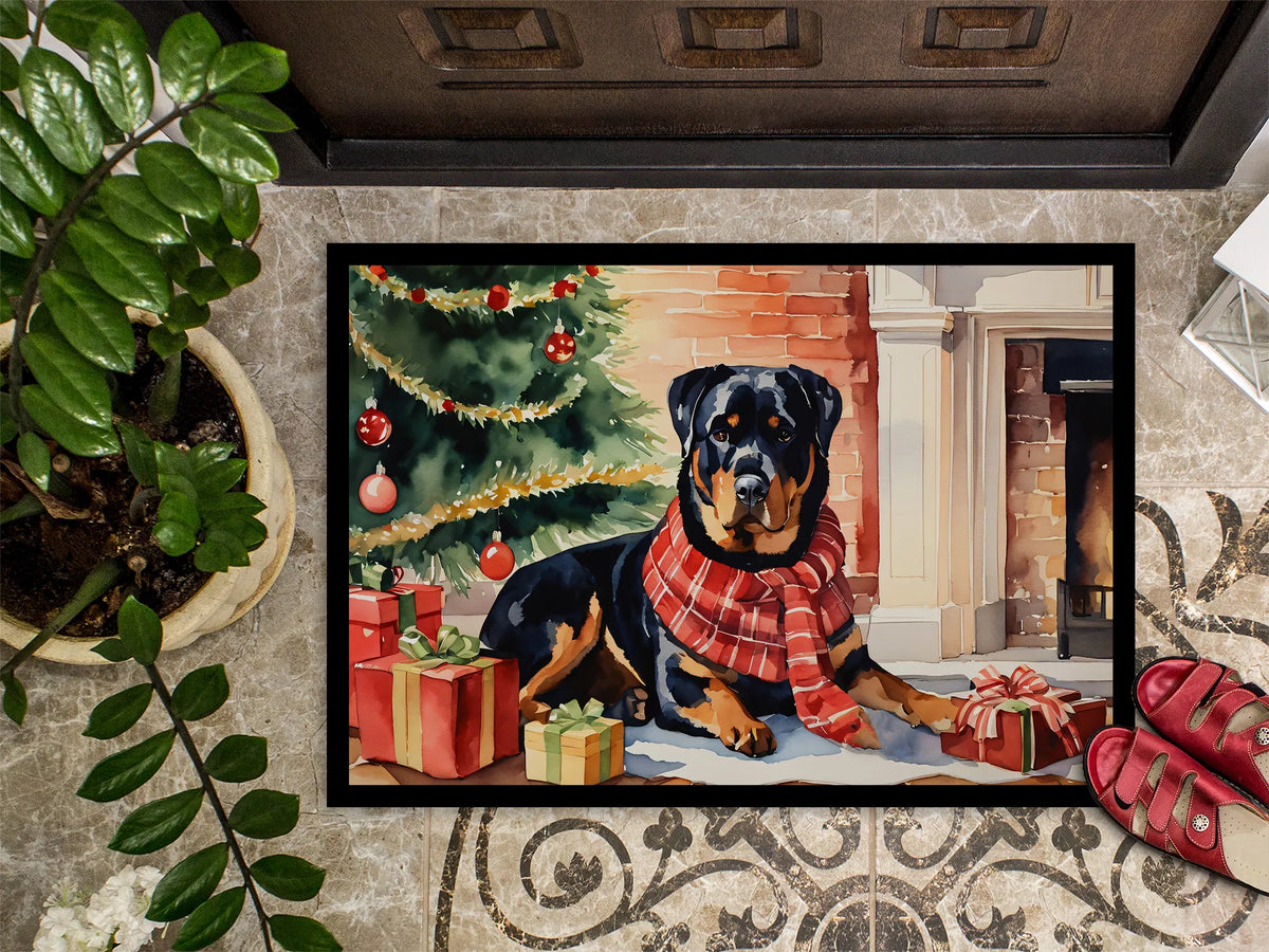 Rottweiler Christmas Doormat, 24 x 36 Inch Non Slip Indoor Outdoor Entryway Mat with Holiday Dog Artwork