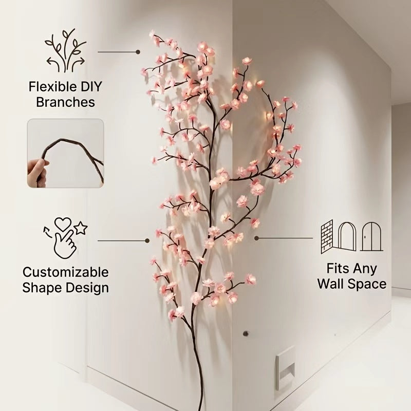Cherry Blossom Vine Lights, LED Tree Branch Wall Lights With Remote and 8 Modes, Pink Blossom Garland for Bedroom Decor