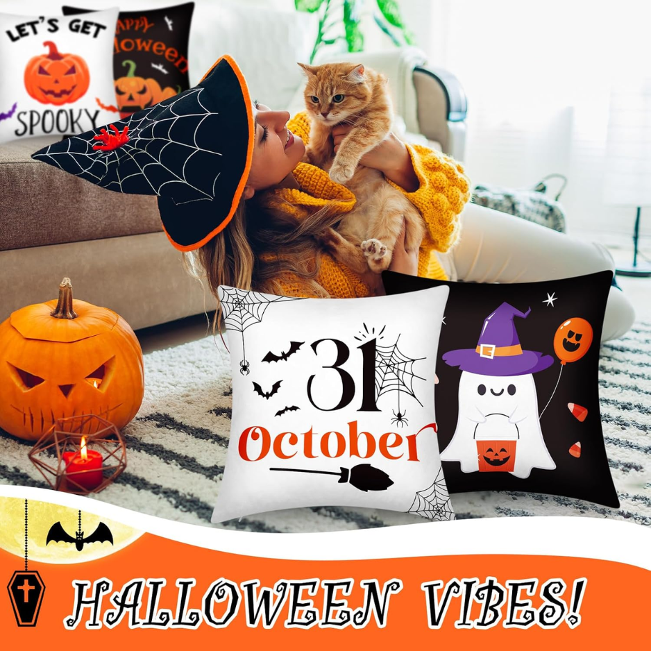 Holiday Throw Pillow Covers, Set of 12, 18 x 18 Inch Halloween Thanksgiving and Christmas Polyester Cushion Cases