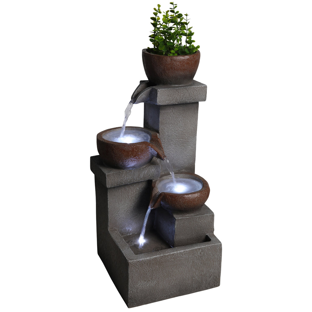Outdoor Water Fountain With LED Lights, 23.6 in. Tiered Cascading Resin Garden Waterfall With Planter, Gray Stone Look