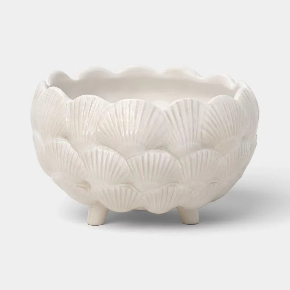 8-Inch Ceramic Clam Shell Planter, Ivory Scalloped Flower Pot With Drainage Hole and Bun Feet for Patio, Garden and Indoor Decor