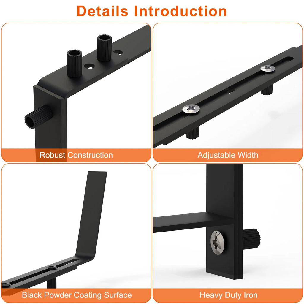 Adjustable Planter Box Brackets, Set of 4 Black Iron Railing Hangers for Window Boxes, Deck and Balcony Rails, Holds 45 lbs
