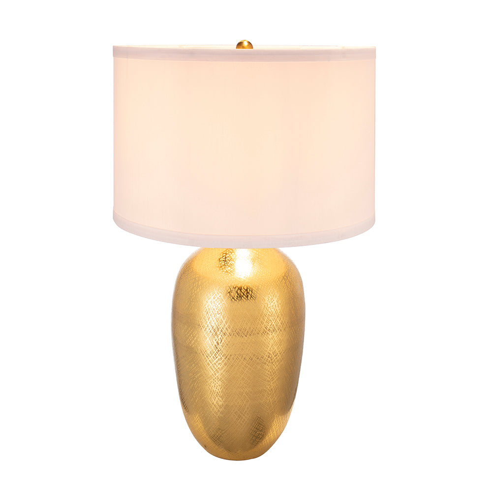 Gold Table Lamp With White Fabric Drum Shade, 31 Inch Textured Aluminum Base
