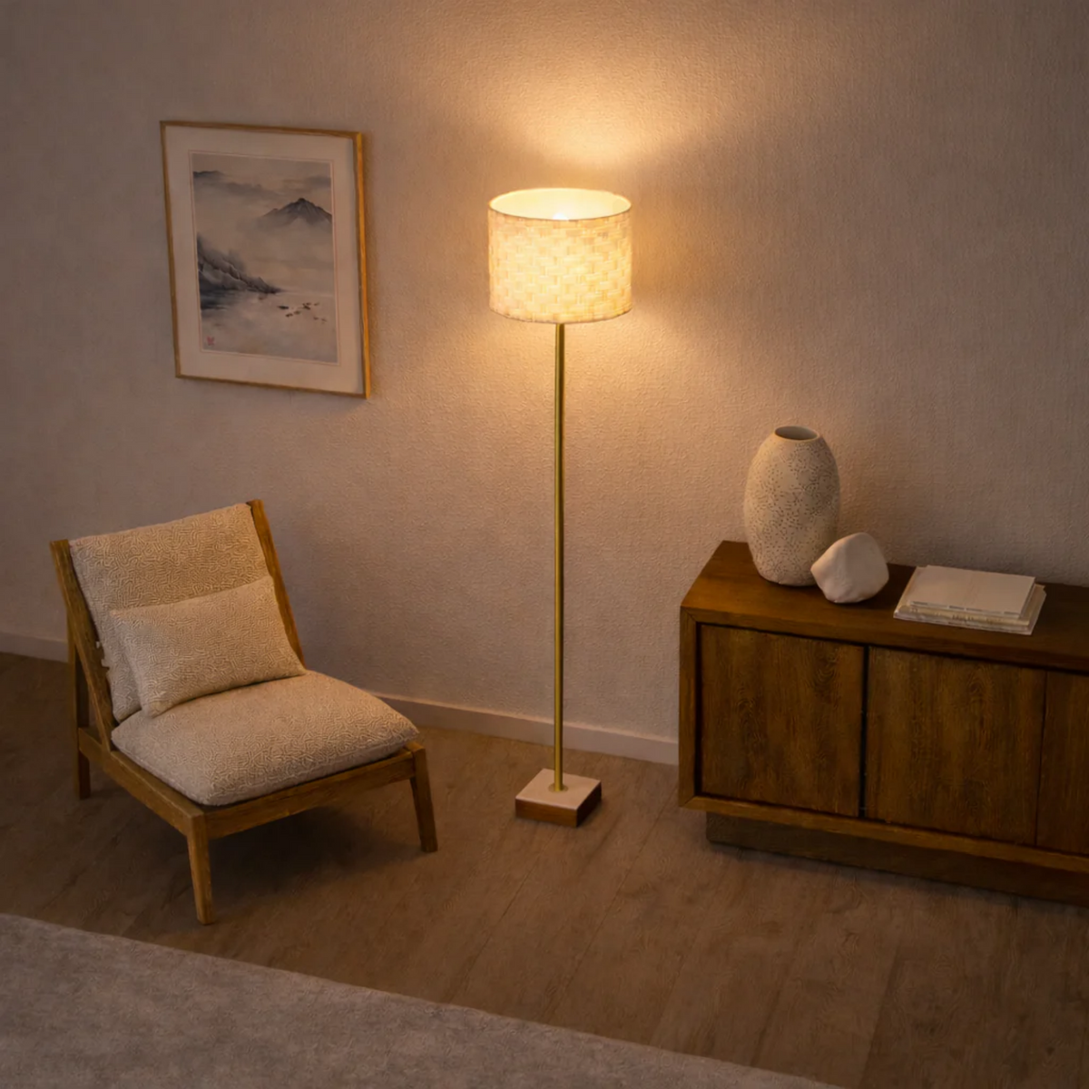 Minimalist Floor Lamp With Neutral Drum Shade, Slim 56" Metal Standing Lamp With Marble and Rubber Wood Base for Living Room