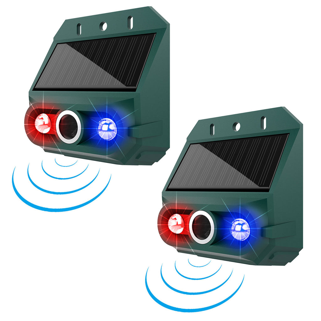Solar Motion Sensor Animal Repeller 2 Pack, Strobe Light and 129dB Siren Outdoor Alarm for Yard, Farm, and Garden
