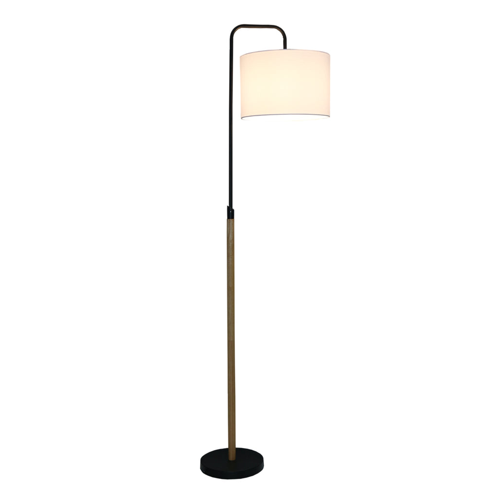 Arc Floor Lamp With White Cylinder Shade, Black Metal and Wood-Look Pole, 59" Standing Reading Light