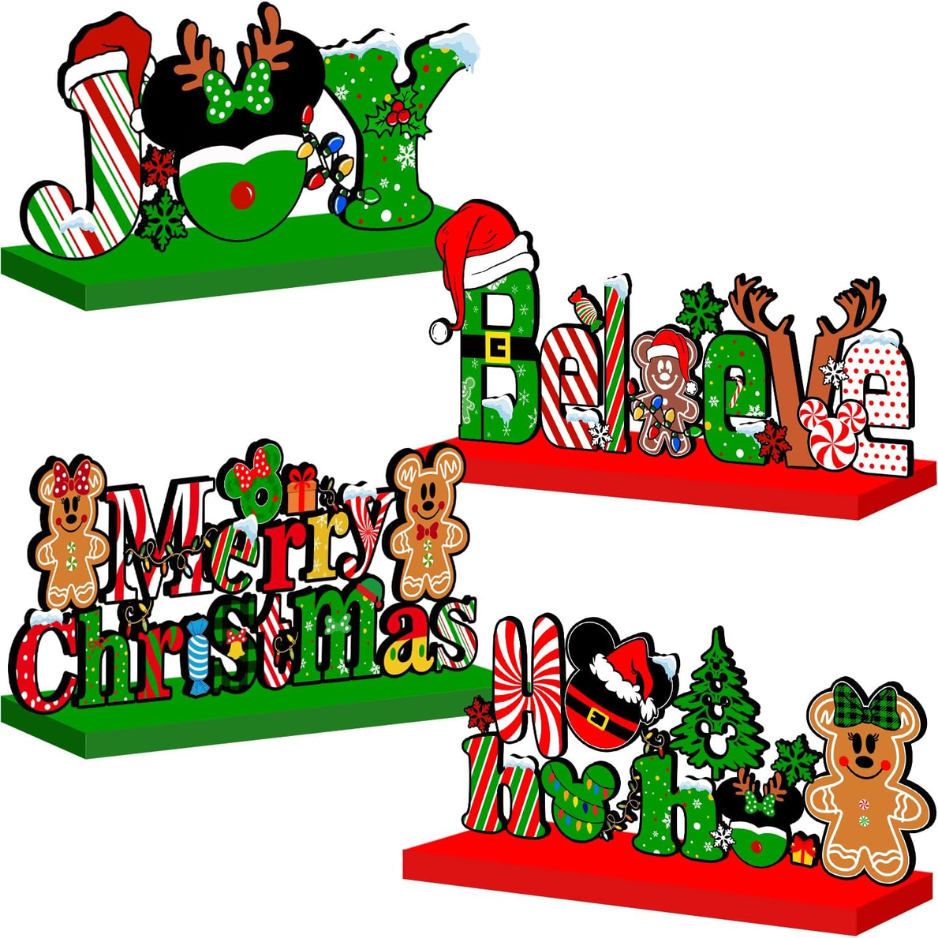 Christmas Wooden Table Signs, Set of 4 Holiday Centerpiece Decorations in Red and Green
