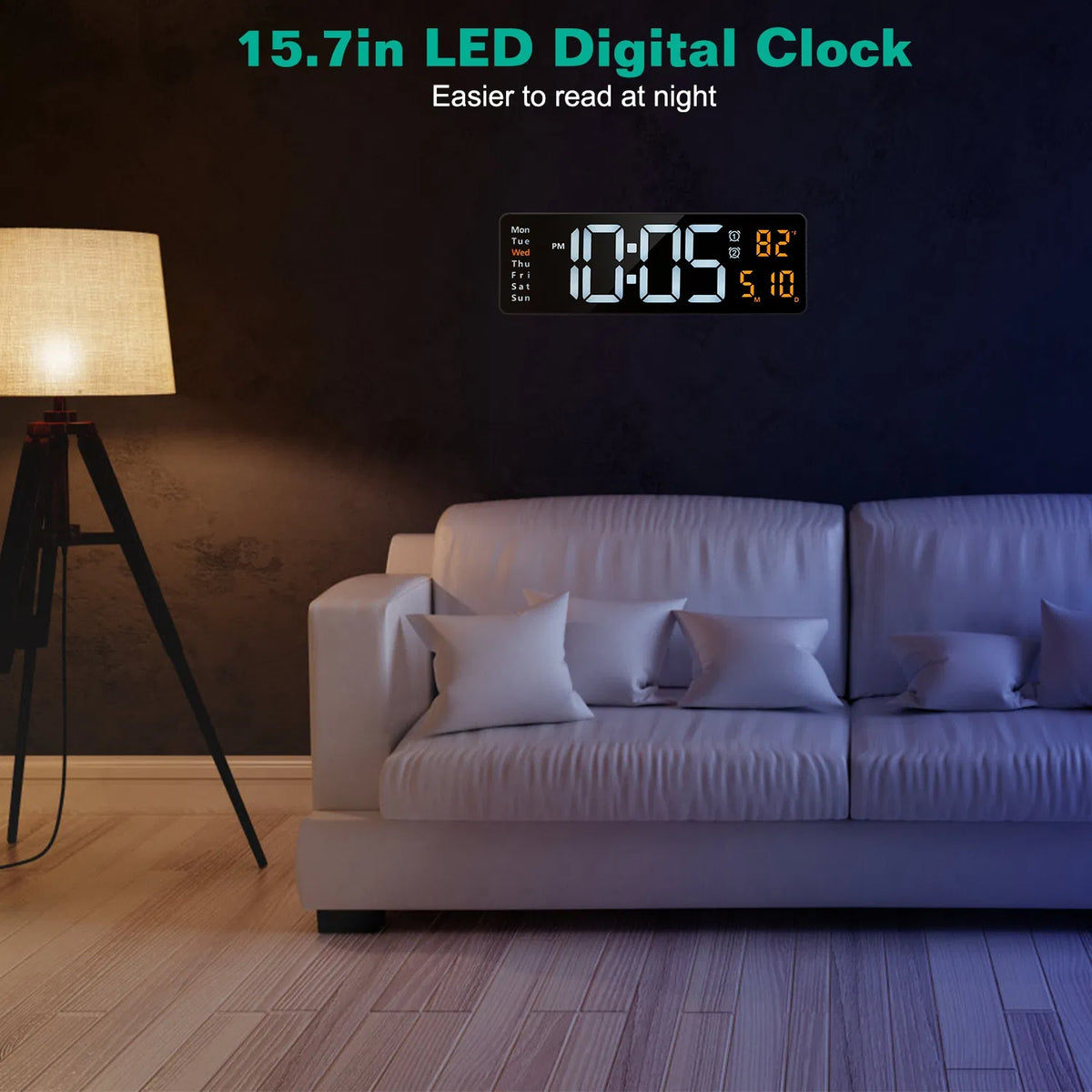 LED Digital Wall Clock, 15.7 in Black Display With Remote, 3 Alarms, Temperature and Calendar